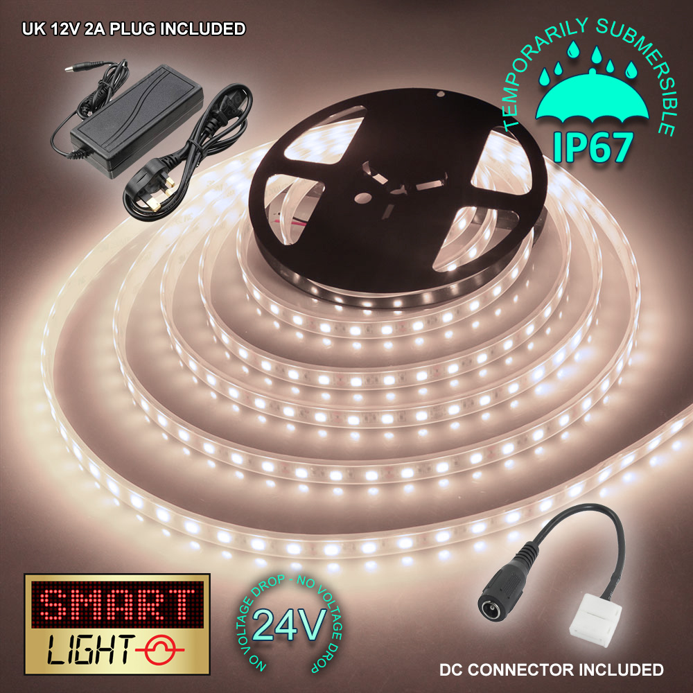 24V WHITE 1M-20M LED Light Strip Tape XMAS Cabinet Kitchen Lighting WATERPROOF - Foto 15 di 28