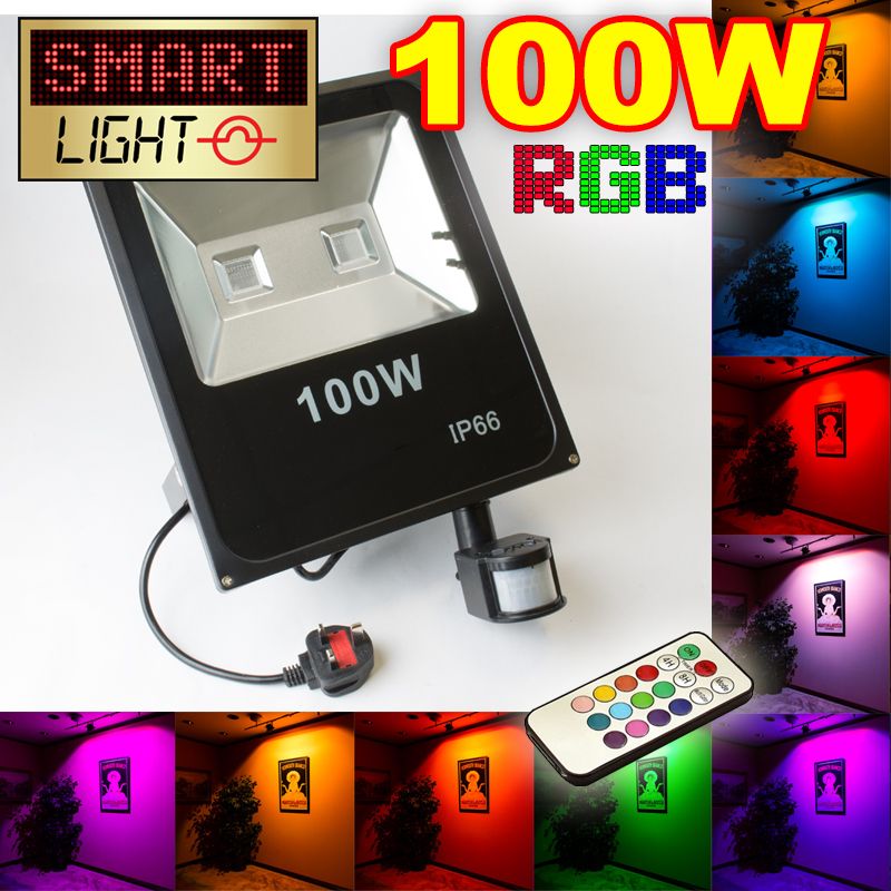 Flat RGB LED Flood Light with Remote + PIR - 100W