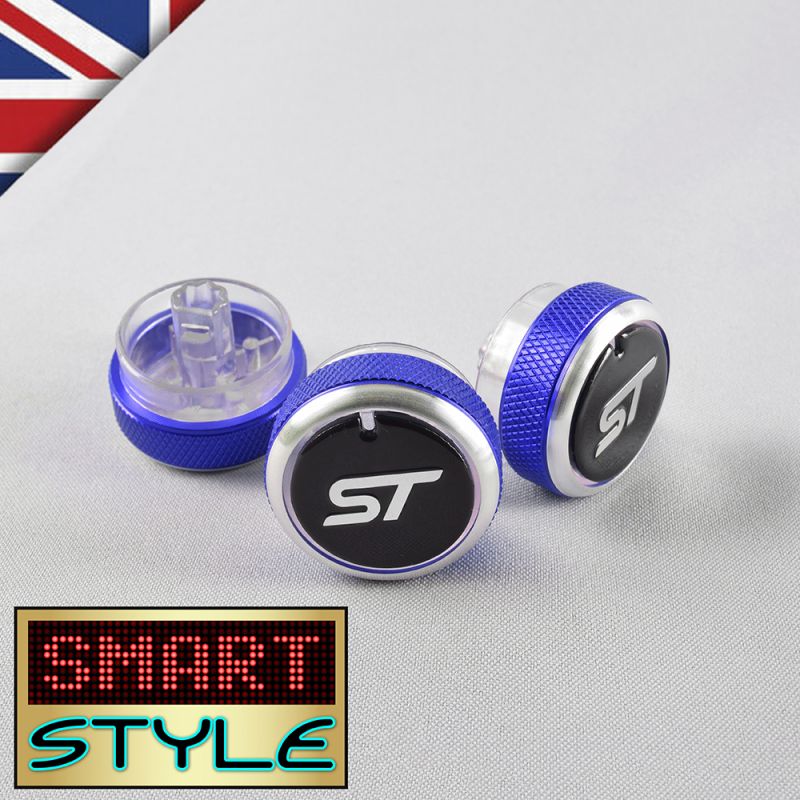 BLUE (WITH LOGO) Aluminium Air-Con Knob Set for Ford Focus (ST STYLE)