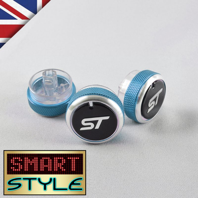 LIGHT BLUE (WITH LOGO) Aluminium Air-Con Knob Set for Ford Focus (ST STYLE)