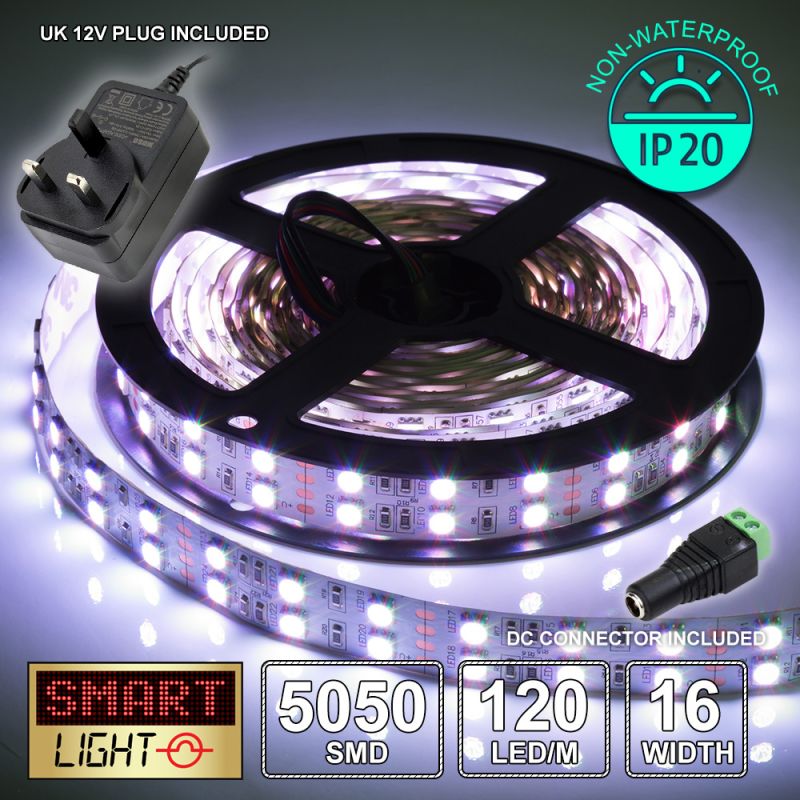 12V/5M SMD 5050 IP20 Non-Waterproof Double Row 16mm Strip 600 LED (120LED/M) + 12V AC ADAPTOR - COOL WHITE