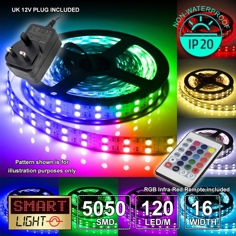 12V/5M SMD 5050 IP20 Non-Waterproof Double Row 16mm Strip 600 LED (120LED/M) - RGB + REMOTE + UK ADAPTOR