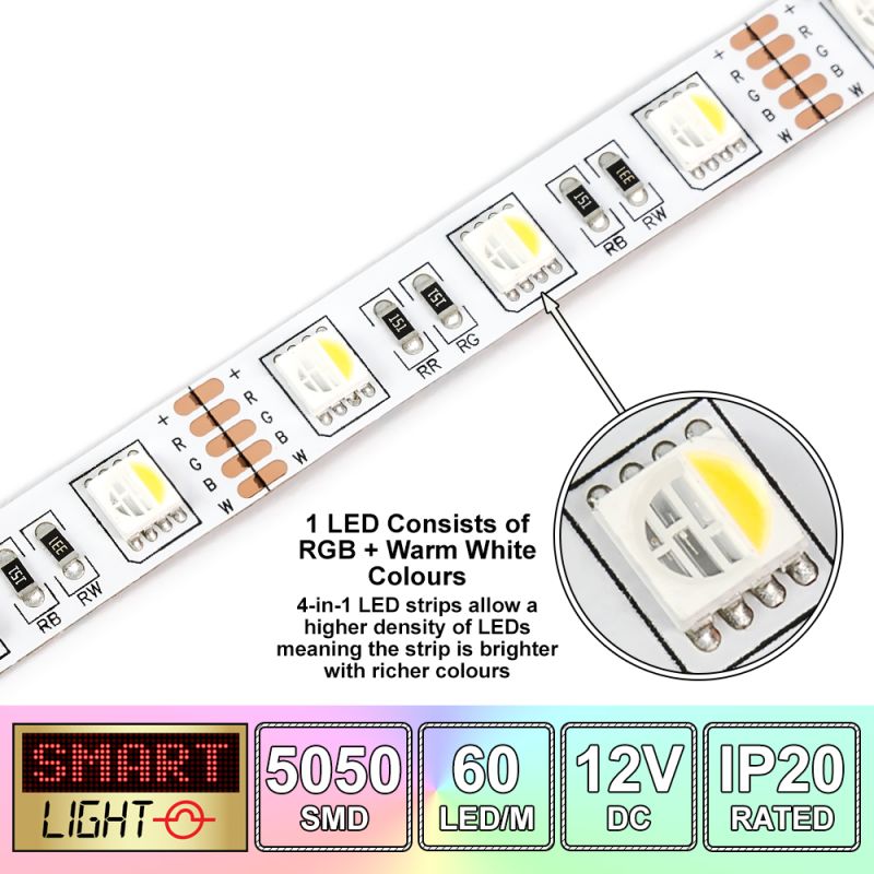 12V/10M SMD 5050 IP20 Non-Waterproof Strip 600 LED - 4-in-1 RGBWW