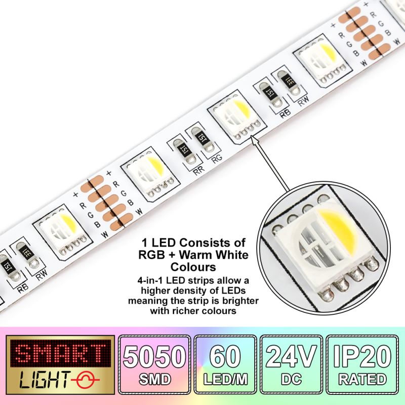 24V/10M SMD 5050 IP20 Non-Waterproof Strip 600 LED - 4-in-1 RGBWW