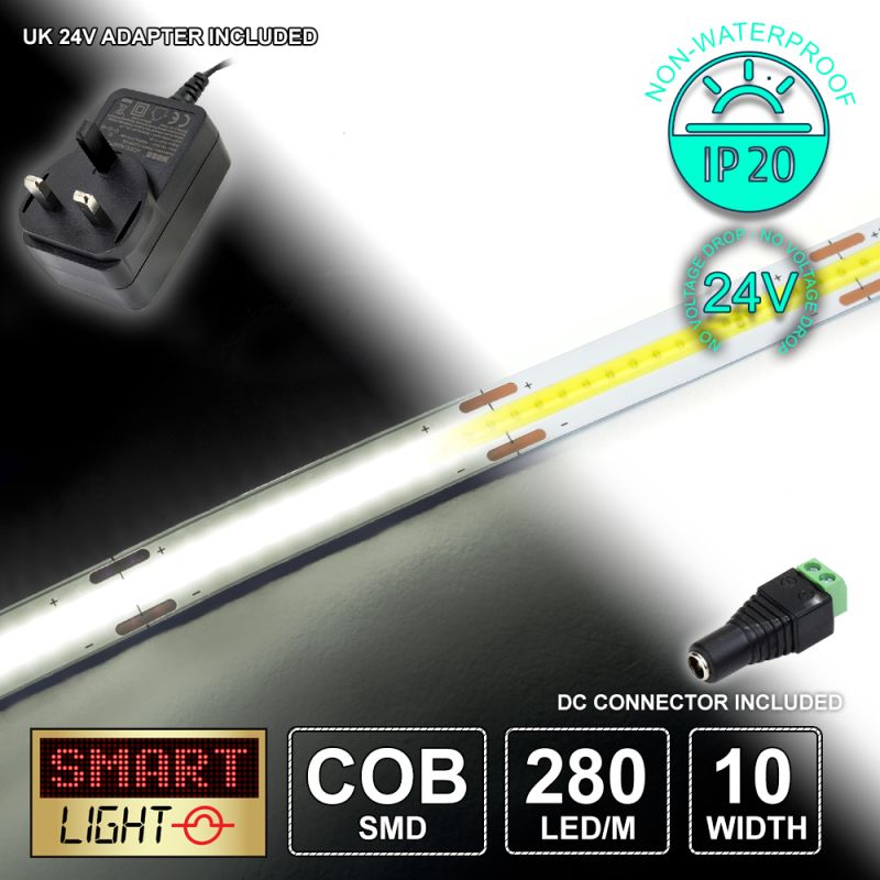 24V/1M COOL WHITE COB Continuous LED Strip Tape IP20/280 LED with 24V AC Adaptor
