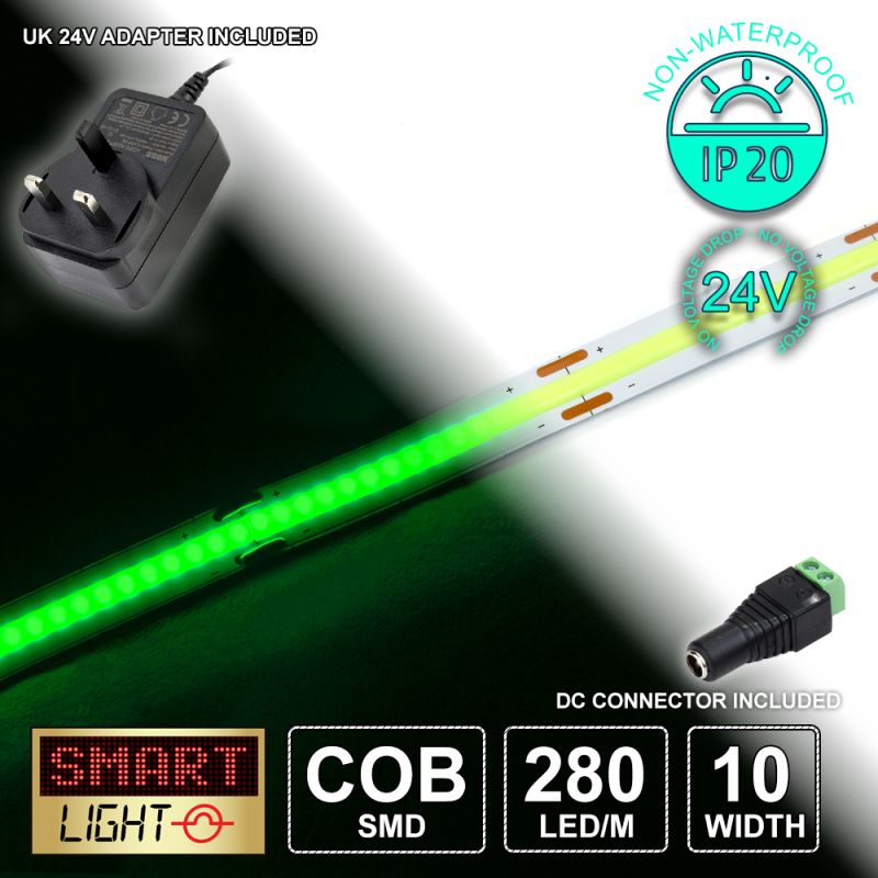 24V/1M GREEN COB Continuous LED Strip Tape IP20/280 LED with 24V AC Adaptor