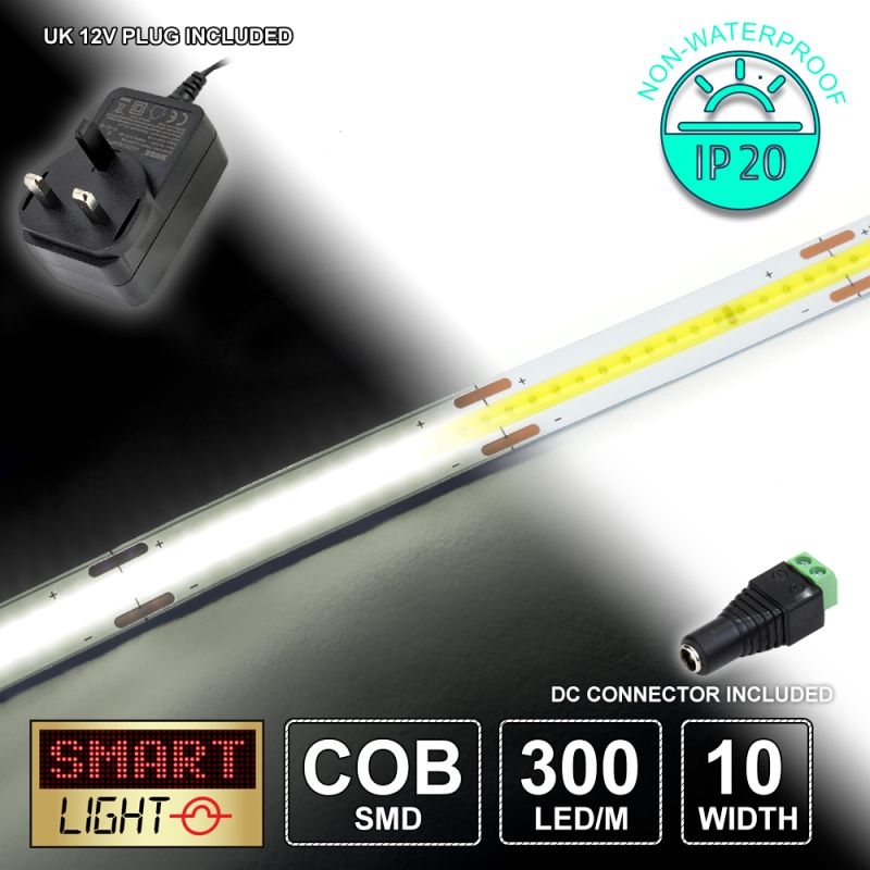 12V/5M COOL WHITE COB Continuous LED Strip Tape IP20/1500 LED with 12V AC Adaptor