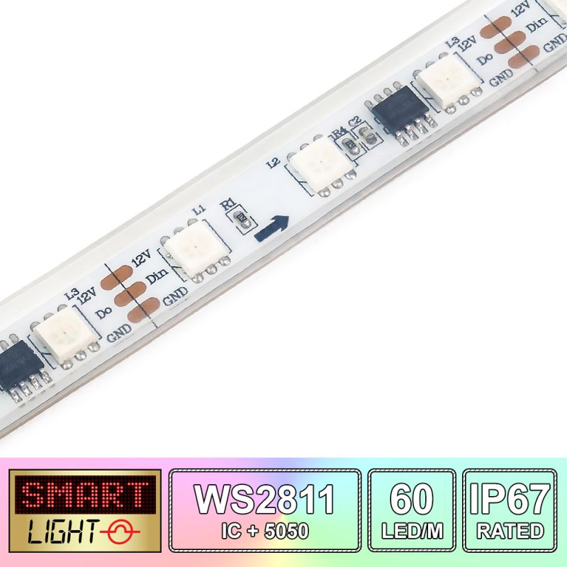 1M/60 LED WS2811/5050 RGB Addressable LED Strip 12V/IP67/White PCB (Strip Only)