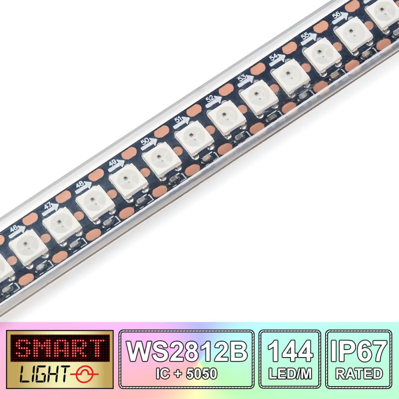 1M/144 LED WS2812B/5050 RGB Addressable LED Strip 5V/IP67/Black PCB (Strip Only)
