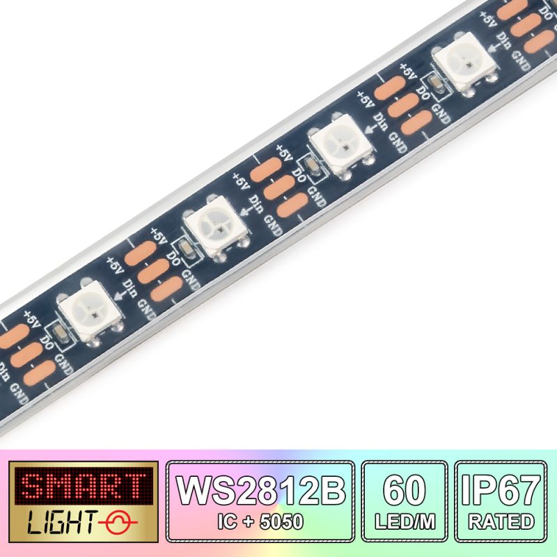 5M/300 LED WS2812B/5050 RGB Addressable LED Strip 5V/IP67/Black PCB (Strip Only)