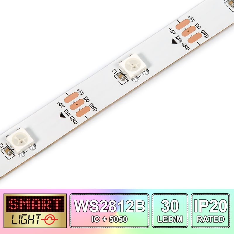 5M/150 LED WS2812B/5050 RGB Addressable LED Strip 5V/IP20/White PCB (Strip Only)