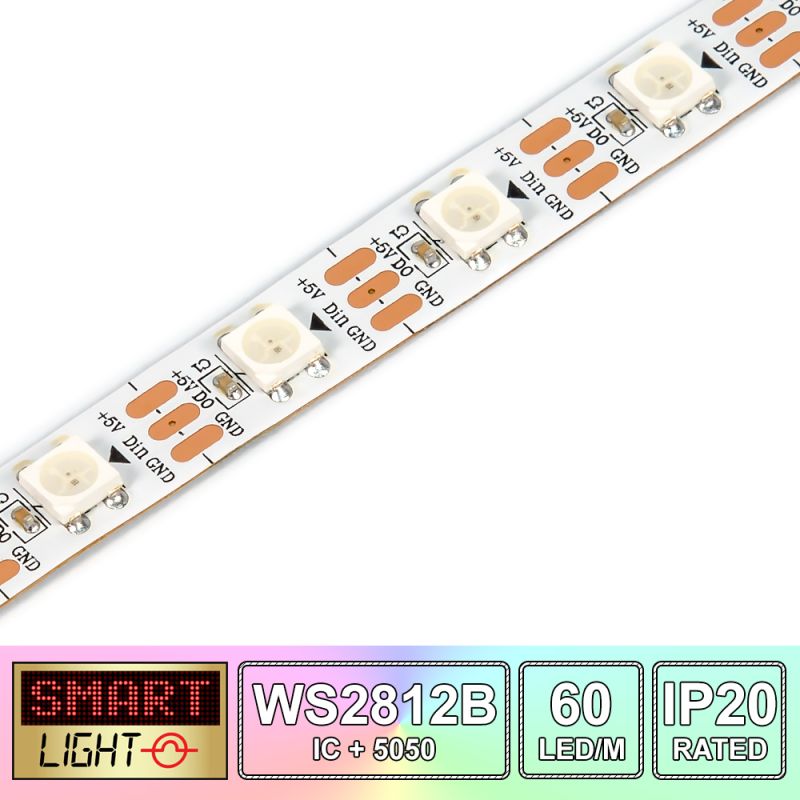 5M/300 LED WS2812B/5050 RGB Addressable LED Strip 5V/IP20/White PCB (Strip Only)
