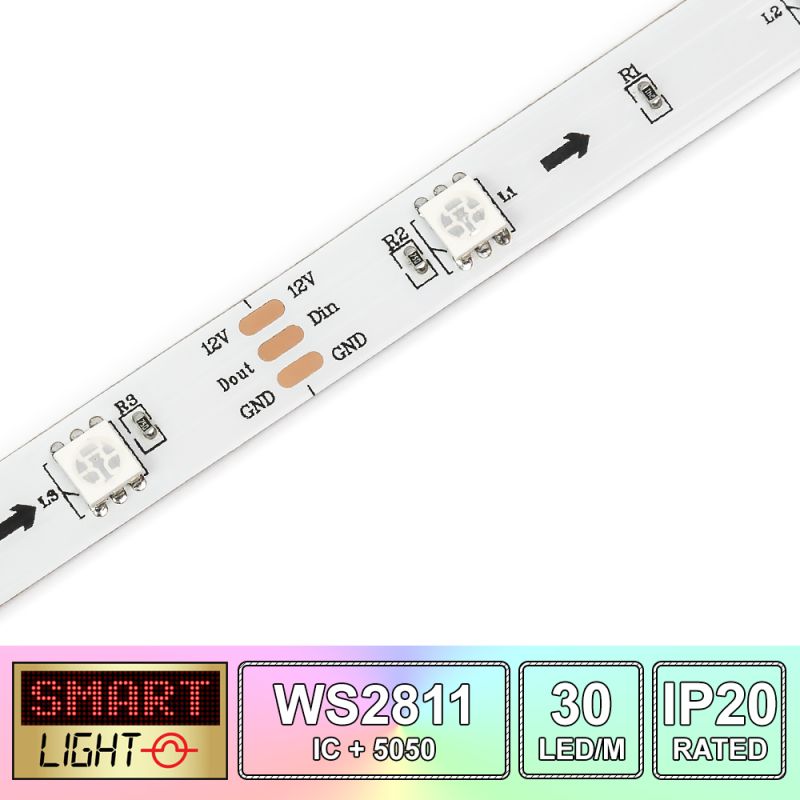 30 LED/M WS2811 / SMD 5050 RGB Addressable LED Strip IP20 (White PCB)