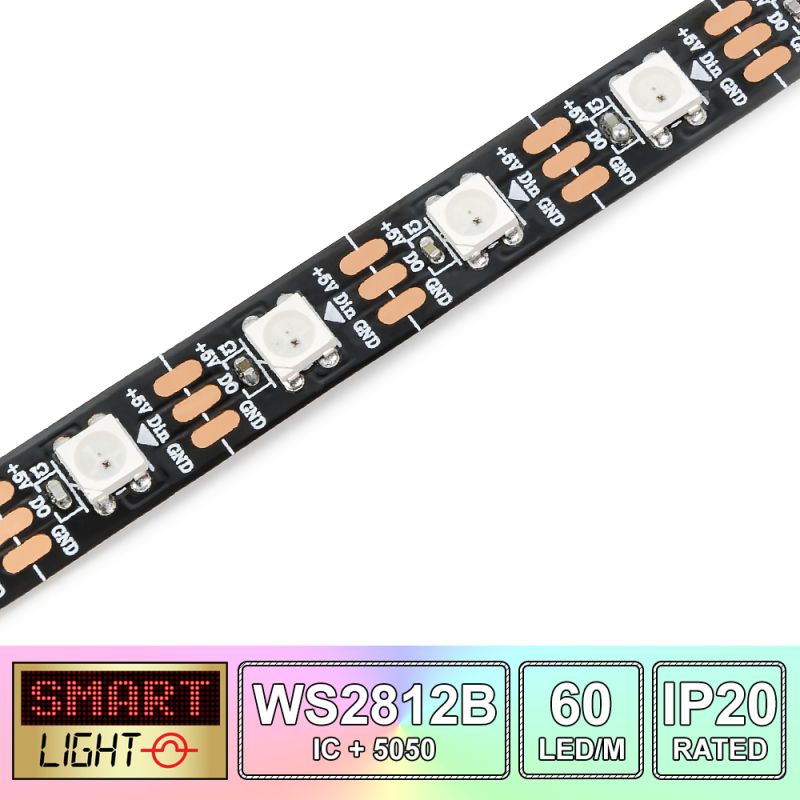 60 LED/M WS2812B RGB Addressable LED Strip IP20 (Black PCB)
