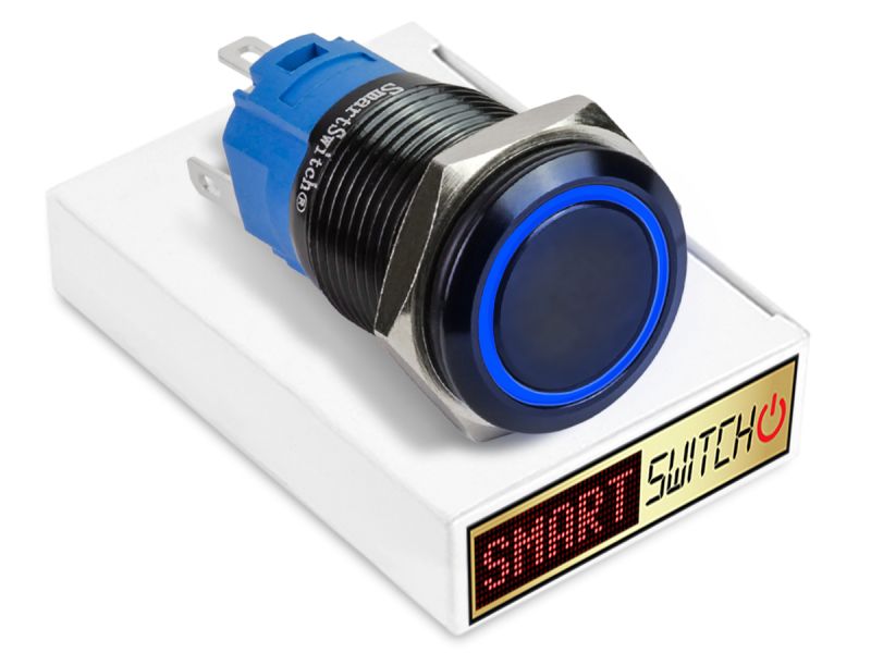 10 x SmartSwitch HALO LED Black Momentary 22mm (19mm hole) 12V/3A Illuminated Round Switch - BLUE