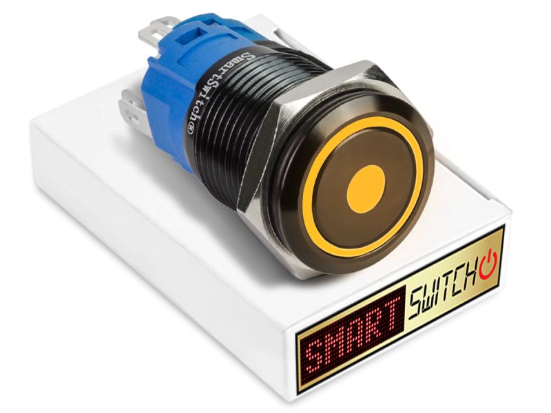 20 x SmartSwitch DOT LED with Ring Black Momentary 22mm (19mm hole) 12V/3A Illuminated Round Switch - ORANGE