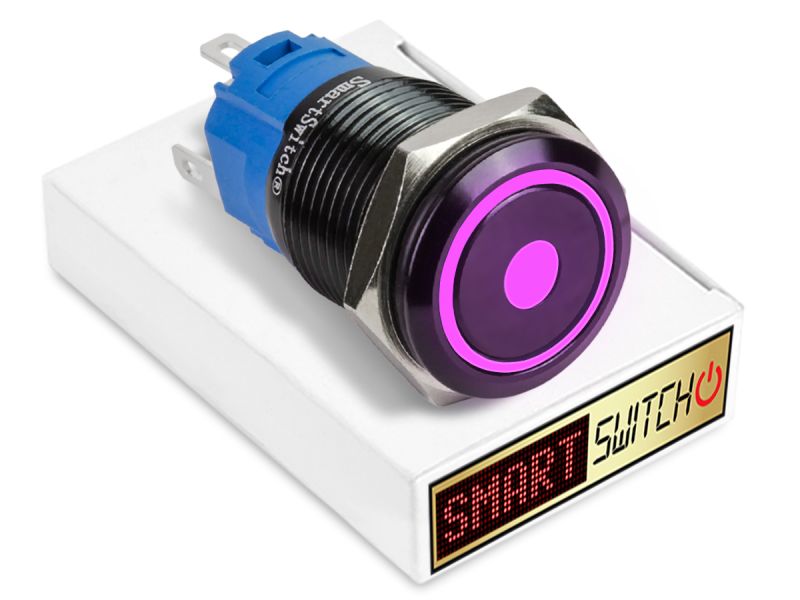 20 x SmartSwitch DOT LED with Ring Black Momentary 22mm (19mm hole) 12V/3A Illuminated Round Switch - PURPLE