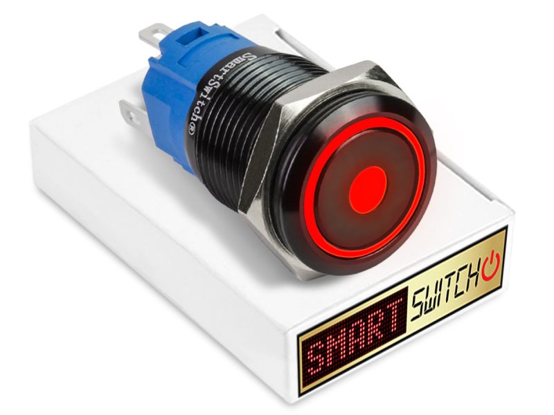 20 x SmartSwitch DOT LED with Ring Black Momentary 22mm (19mm hole) 12V/3A Illuminated Round Switch - RED
