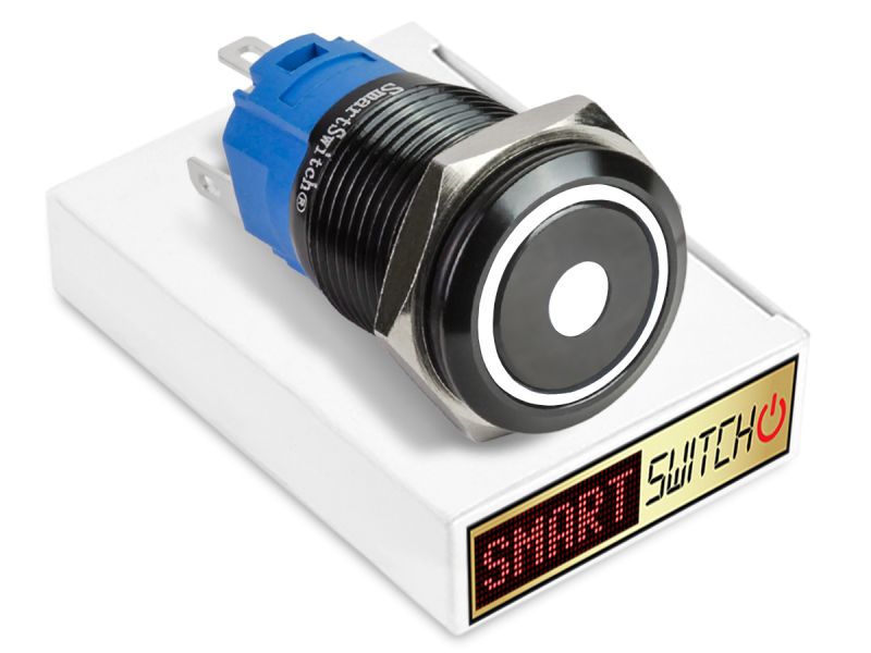 20 x  SmartSwitch DOT LED with Ring Black Latching 19mm (16mm hole) 12V/3A Illuminated Round Switch - WHITE