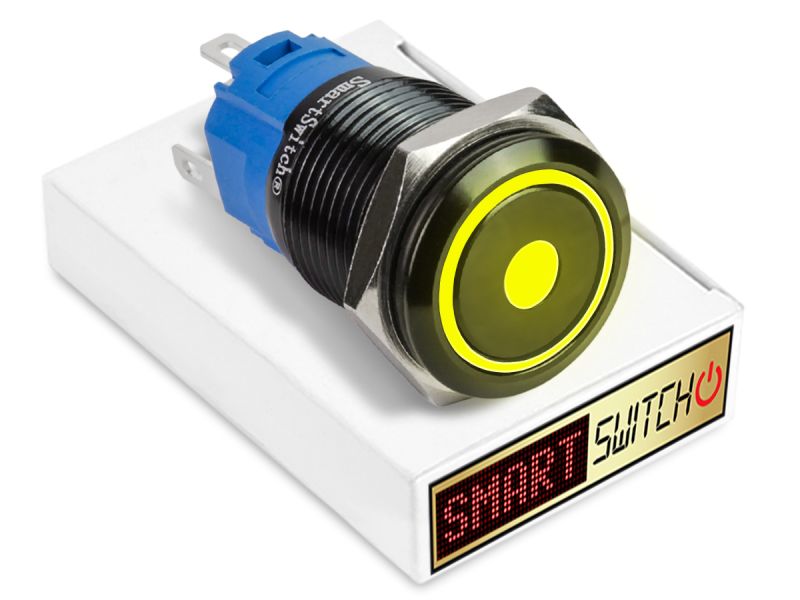 10 x  SmartSwitch DOT LED with Ring Black Latching 19mm (16mm hole) 12V/3A Illuminated Round Switch - YELLOW