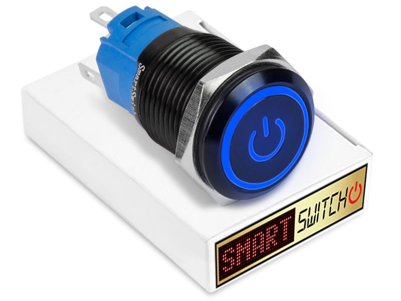 20 x SmartSwitch POWER LED with Ring Black Momentary 22mm (19mm hole) 12V/3A Illuminated Round Switch - BLUE