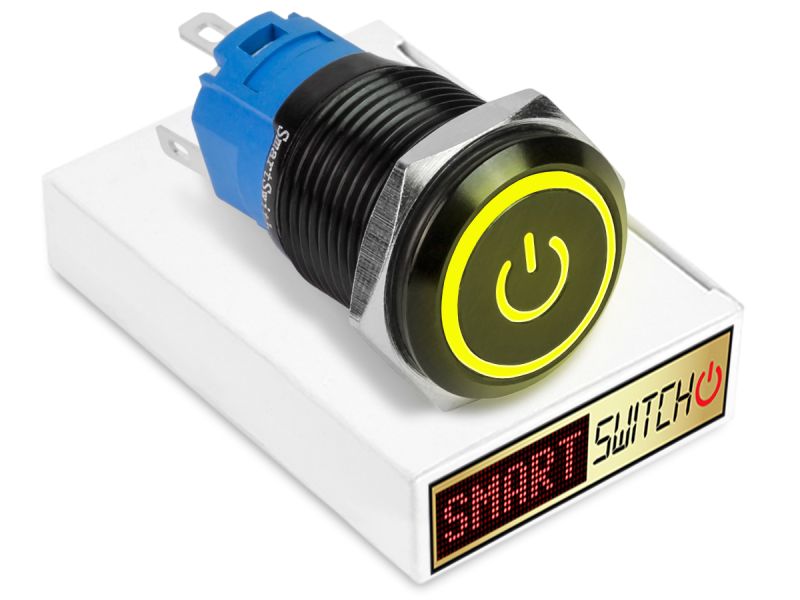 10 x SmartSwitch POWER LED with Ring Black Latching 22mm (19mm hole) 12V/3A Illuminated Round Switch - AMBER