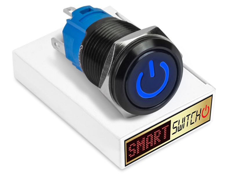 20 x SmartSwitch POWER LED Black Momentary 19mm (16mm hole) 12V/3A Illuminated Round Switch - BLUE