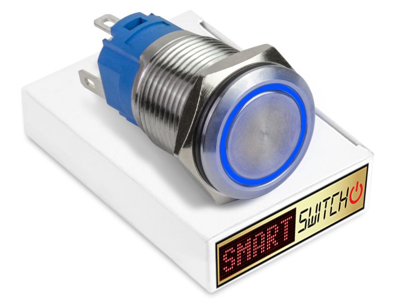 5 x SmartSwitch HALO LED Chrome Momentary 22mm (19mm hole) 12V/3A Illuminated Round Switch - BLUE