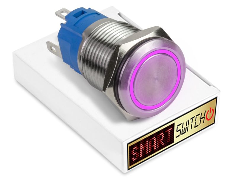 5 x SmartSwitch HALO LED Chrome Latching 19mm (16mm hole) 12V/3A Illuminated Round Switch - PURPLE