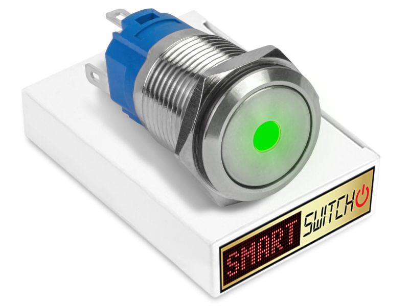 20 x SmartSwitch DOT LED Chrome Momentary 22mm (19mm hole) 12V/3A Illuminated Round Switch - GREEN