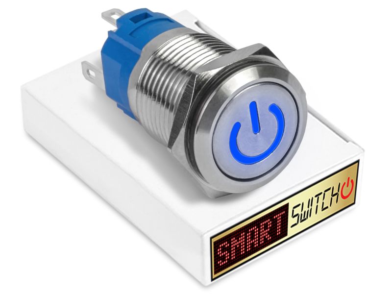 10 x SmartSwitch POWER LED  Chrome Latching 22mm (19mm hole) 12V/3A Illuminated Round Switch - BLUE