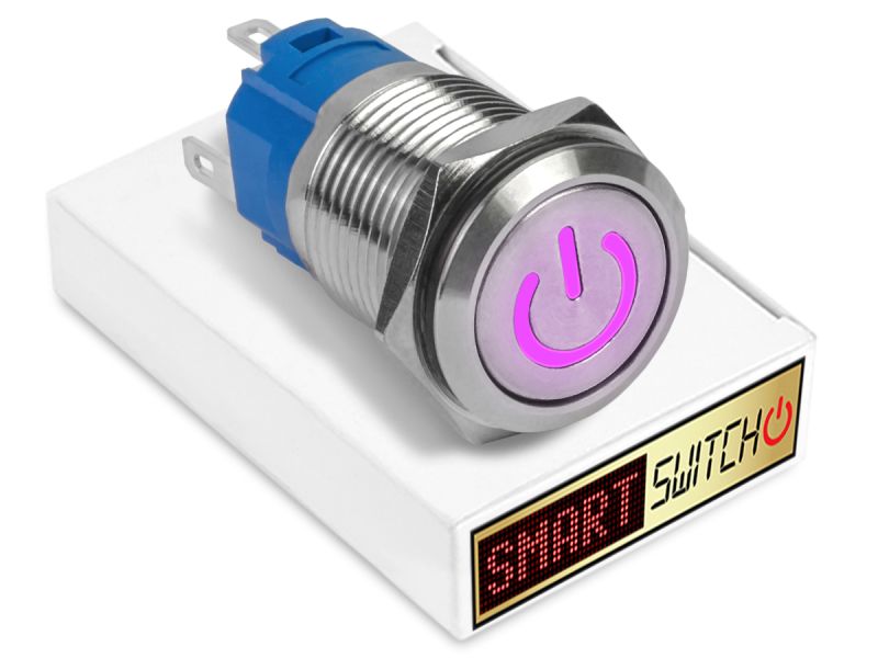 10 x SmartSwitch POWER LED  Chrome Latching 22mm (19mm hole) 12V/3A Illuminated Round Switch - PURPLE
