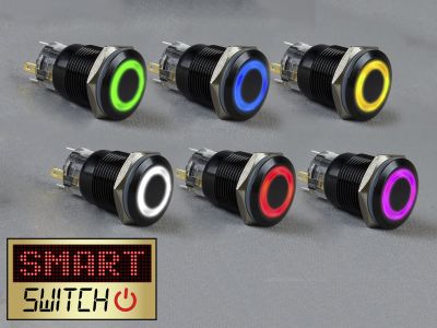 SmartSwitch 22mm 12v Black Metal Latching Angel Eye Halo Illuminated LED Switch
