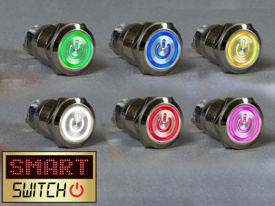 SmartSwitch 22mm 12v Chrome Metal Latching POWER ICON Illuminated LED Switch