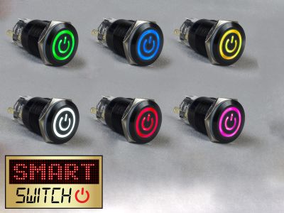 SmartSwitch 22mm 12v Black Metal Momentary POWER ICON Illuminated LED Switch