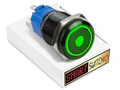 20 x  SmartSwitch DOT LED with Ring Black Momentary 19mm (16mm hole) 12V/3A Illuminated Round Switch - GREEN