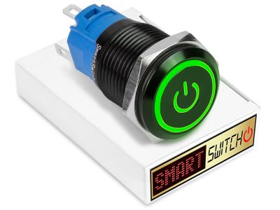 5 x SmartSwitch POWER LED with Ring Black Latching 22mm (19mm hole) 12V/3A Illuminated Round Switch - GREEN