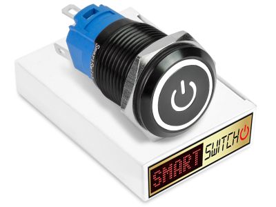 5 x  SmartSwitch POWER LED with Ring Black Momentary 19mm (16mm hole) 12V/3A Illuminated Round Switch - WHITE