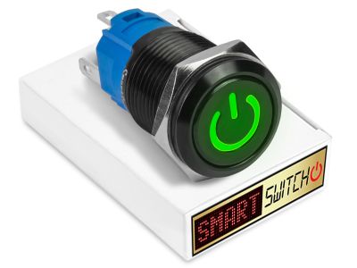 5 x SmartSwitch POWER LED  Black Momentary 22mm (19mm hole) 12V/3A Illuminated Round Switch - GREEN