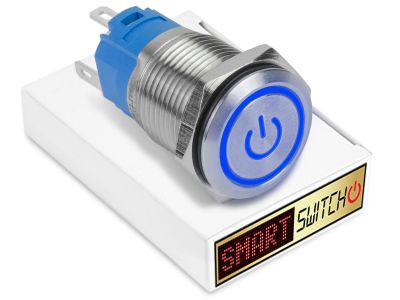 5 x  SmartSwitch POWER LED with Ring Chrome Latching 19mm (16mm hole) 12V/3A Illuminated Round Switch - BLUE