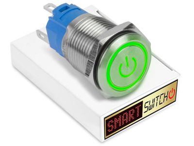 5 x  SmartSwitch POWER LED with Ring Chrome Momentary 19mm (16mm hole) 12V/3A Illuminated Round Switch - GREEN
