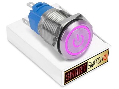 5 x  SmartSwitch POWER LED with Ring Chrome Latching 19mm (16mm hole) 12V/3A Illuminated Round Switch - PURPLE