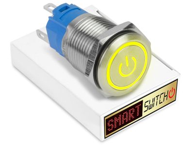 5 x  SmartSwitch POWER LED with Ring Chrome Latching 19mm (16mm hole) 12V/3A Illuminated Round Switch - YELLOW