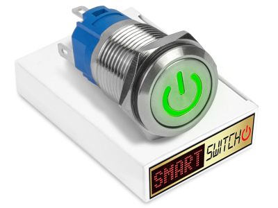 5 x SmartSwitch POWER LED Chrome Latching 19mm (16mm hole) 12V/3A Illuminated Round Switch - GREEN