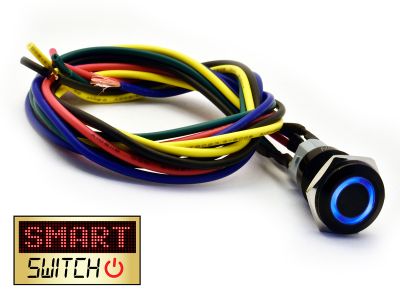 SmartSwitch HALO LED Black Latching Pigtailed 19mm 12V/3A Illuminated Round Switch - BLUE
