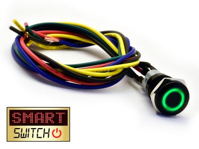 SmartSwitch HALO LED Black Latching Pigtailed 19mm 12V/3A Illuminated Round Switch - GREEN