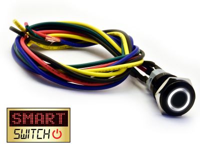 SmartSwitch HALO LED Black Momentary Pigtailed 19mm 12V/3A Illuminated Round Switch - WHITE
