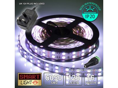 12V/5M SMD 5050 IP20 Non-Waterproof Double Row 16mm Strip 600 LED (120LED/M) + 12V AC ADAPTOR - COOL WHITE