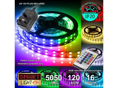 12V/5M SMD 5050 IP20 Non-Waterproof Double Row 16mm Strip 600 LED (120LED/M) - RGB + REMOTE + UK ADAPTOR