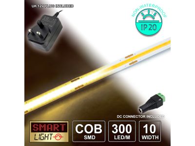 12V/1M WARM WHITE COB Continuous LED Strip Tape IP20/300 LED with 12V AC Adaptor
